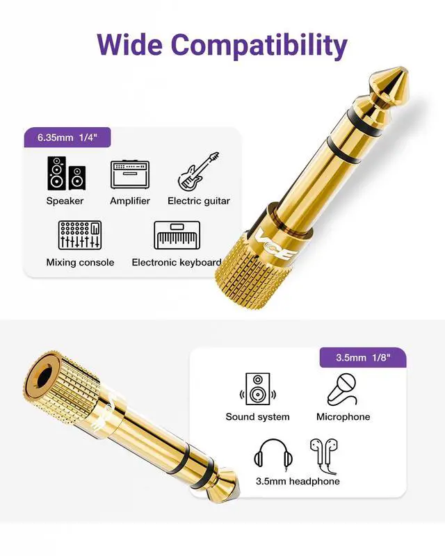 Alt view image 5 of 7 - 6.35mm Male to 3.5mm Female 1/4 inch to 1/8 inch 24K Stereo Audio Jack Adapter for Aux Cable, Guitar Amplifier, Headphone, 2 Pack