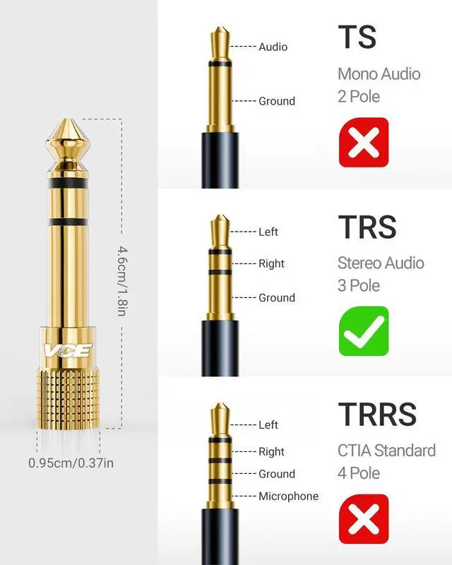 Alt view image 6 of 7 - 6.35mm Male to 3.5mm Female 1/4 inch to 1/8 inch 24K Stereo Audio Jack Adapter for Aux Cable, Guitar Amplifier, Headphone, 2 Pack