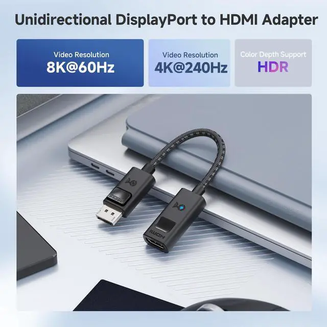 Alt view image 2 of 7 - 8K DisplayPort 1.4 to HDMI 2.1 Adapter with 4K 240Hz / 8K 60Hz, Unidirectional DisplayPort to HDMI 2.1 Cable Adapter, Supports RTX5080, RX9070, Not Work with PS5/Xbox, No VRR Support
