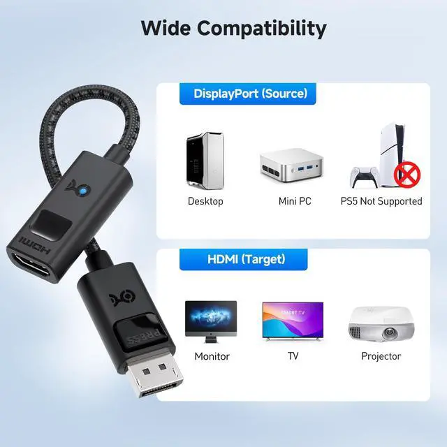 Alt view image 6 of 7 - 8K DisplayPort 1.4 to HDMI 2.1 Adapter with 4K 240Hz / 8K 60Hz, Unidirectional DisplayPort to HDMI 2.1 Cable Adapter, Supports RTX5080, RX9070, Not Work with PS5/Xbox, No VRR Support