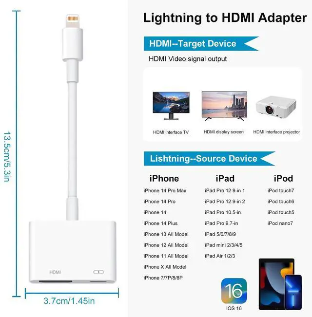Alt view image 5 of 7 - Lightning to HDMI Adapter for iPhone to TV, HDMI Adapter 1080P Digital AV Sync Screen Connector Cable with Lightning Charging Port for iPhone 14/13/12/11/XS/XR/X/8/7/iPad, No Power Needed