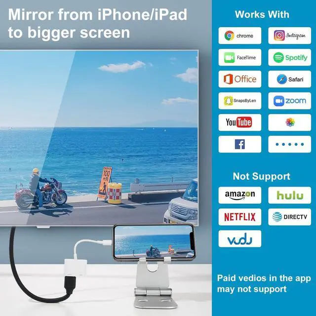 Alt view image 6 of 7 - Lightning to HDMI Adapter for iPhone to TV, HDMI Adapter 1080P Digital AV Sync Screen Connector Cable with Lightning Charging Port for iPhone 14/13/12/11/XS/XR/X/8/7/iPad, No Power Needed