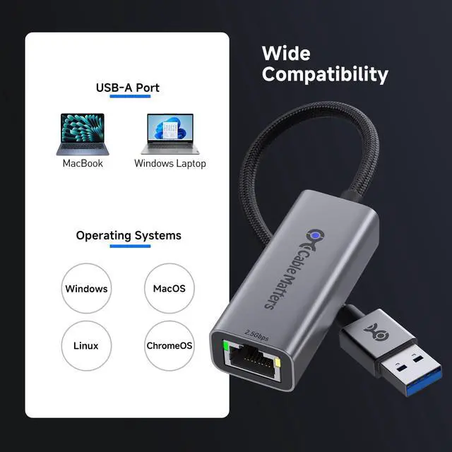 Alt view image 6 of 7 - USB to 2.5Gb Ethernet Adapter, USBA to RJ45 Network Adapter with 2500Mbps Speed, Plug & Play USB to Ethernet Adapter for Windows, macOS, Linux, ChromeOS, Laptop, Desktop