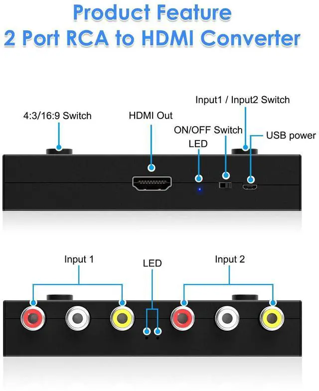 Alt view image 3 of 7 - 2 Port RCA to HDMI Converter, Dual AV to HDMI Converter Supports 16:9/4:3 Composite to HD MI Adapter Support 1080P PAL/NTSC Compatible with Sega/Xbox/PS1/PS2/PS3/WII/N64/VHS, VCRs, and DVD Players