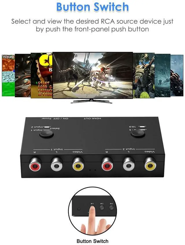 Alt view image 4 of 7 - 2 Port RCA to HDMI Converter, Dual AV to HDMI Converter Supports 16:9/4:3 Composite to HD MI Adapter Support 1080P PAL/NTSC Compatible with Sega/Xbox/PS1/PS2/PS3/WII/N64/VHS, VCRs, and DVD Players