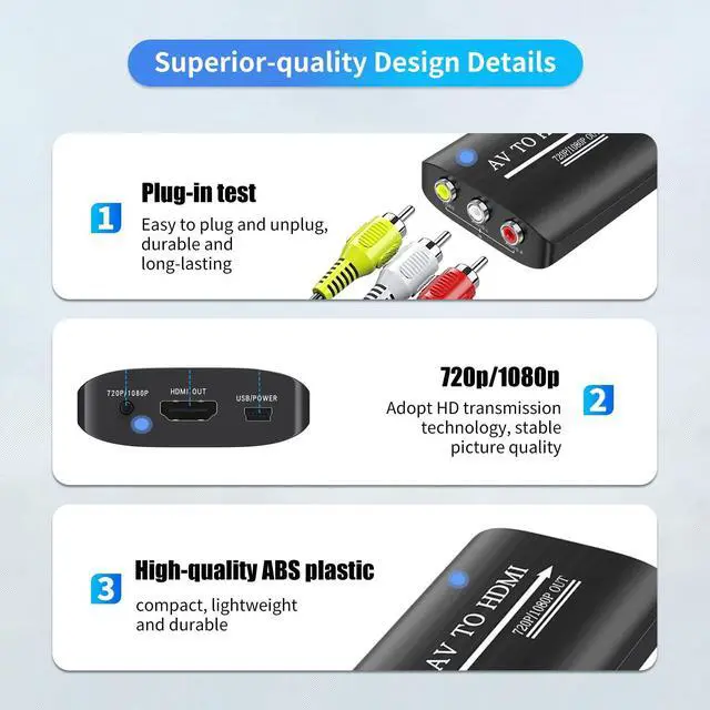 Alt view image 5 of 7 - RCA to HDMI Converter, AV to HDMI Converter,AV Composite Video to Digital Video 1080p/720p Adapter, Supports PAL/NTSC/SECAM, HD Video Output for VCR,CVBS, DVD, WII, Plug & Play, No Driver Needed