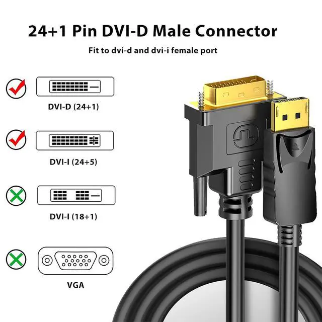 Alt view image 6 of 7 - DisplayPort to DVI Cable 6ft, Display Port to DVI Adapter Male to Male Gold-Plated Cord Cable for PC, Laptop, HDTV, Projector, Monitor