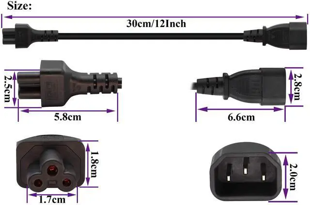Alt view image 2 of 7 - (2 Pack) C14 to C5 AC Cable, 10A 125V IEC 3Pole Male to Female Power Adapter, C5 to C14 AC Converter for Laptop Receptacle Converter (0.3m/1ft)