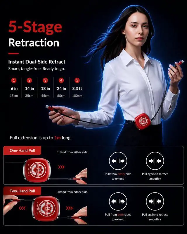 Alt view image 5 of 6 - Retractable USB-C Data Blocker Cable - Anti-Juice Jacking, Charge-Only for Safe 240W PD Fast Charging, 5-Stage Length (3.3ft) for MacBook, iPhone 15/16/17, iPad and More
