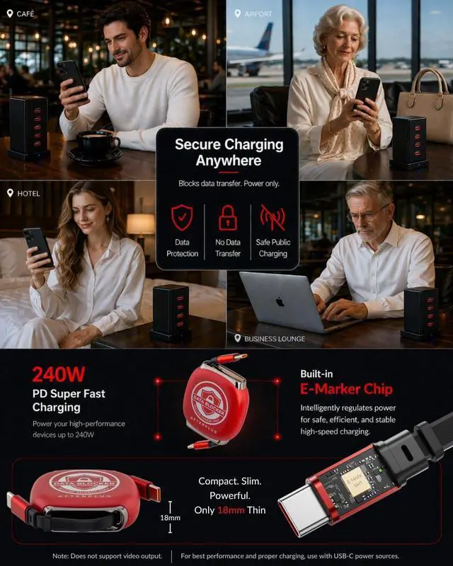 Alt view image 4 of 6 - Retractable USB-C Data Blocker Cable - Anti-Juice Jacking, Charge-Only for Safe 240W PD Fast Charging, 5-Stage Length (3.3ft) for MacBook, iPhone 15/16/17, iPad and More