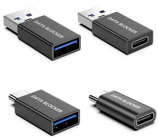 Main image of 4 Kinds of USB Data Blocker Adapter, USB C Data Blocker for iPhone 15 16 17 and for Android Phone or for ipad, A to A & A to C & C to C & C to A Only for Charge, Protect Against Juice Jacking (Black)