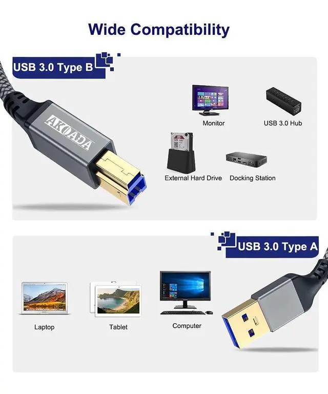Alt view image 2 of 7 - USB 3.0 Cable (10FT), Durable Nylon Braided USB A to USB B Cable Compatible with Printers, Monitor, Docking Station, External Hard Drivers, Scanner, Hub and More Devices(Grey)