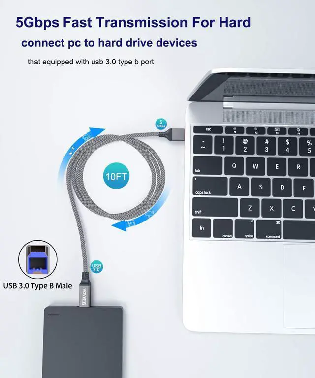 Alt view image 4 of 7 - USB 3.0 Cable (10FT), Durable Nylon Braided USB A to USB B Cable Compatible with Printers, Monitor, Docking Station, External Hard Drivers, Scanner, Hub and More Devices(Grey)