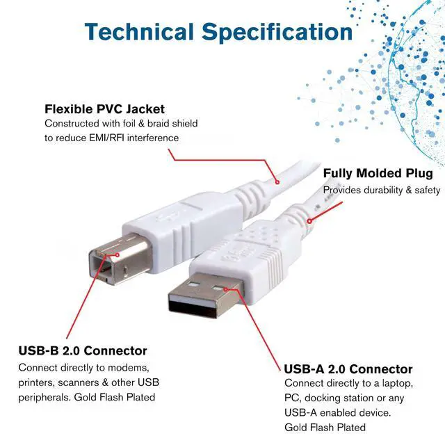 Alt view image 3 of 7 - USB Cable, USB 2.0 Cable, USB A to B Cable, 3.28 Feet (1 Meter), White, Cables to Go 13171