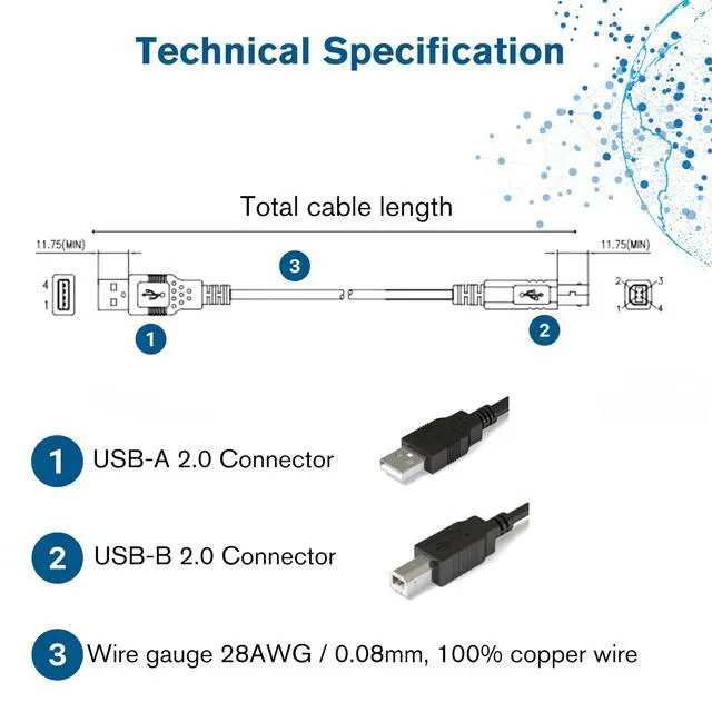 Alt view image 4 of 7 - USB Cable, USB 2.0 Cable, USB A to B Cable, 3.28 Feet (1 Meter), White, Cables to Go 13171