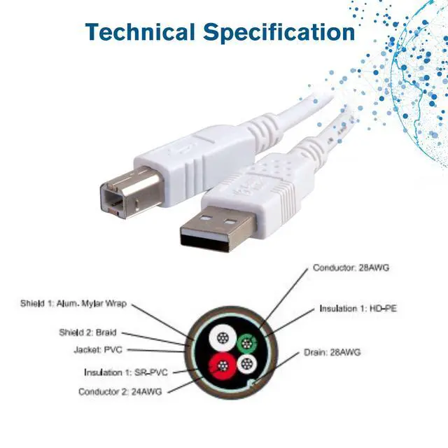 Alt view image 5 of 7 - USB Cable, USB 2.0 Cable, USB A to B Cable, 3.28 Feet (1 Meter), White, Cables to Go 13171