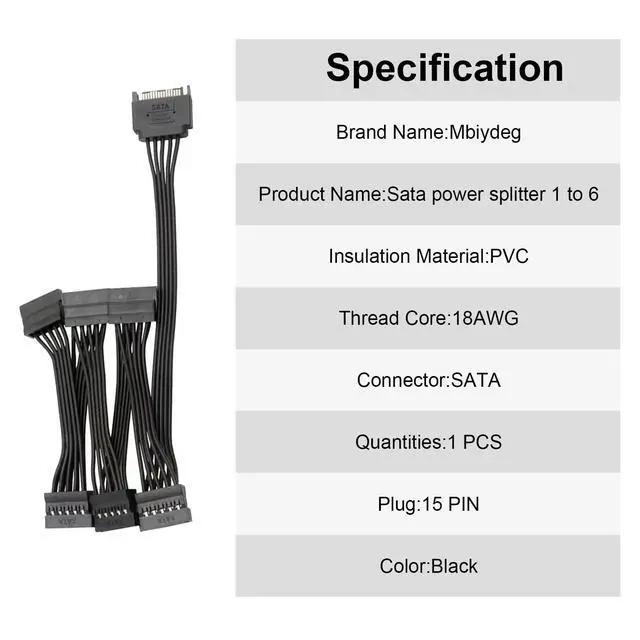 Alt view image 6 of 7 - SATA Power Splitter Cable 6 Way, 15Pin SATA Male to 5 Female Power Extension Hard Drive Cable for HDD, SDD, Optical Drives, 21.5CM