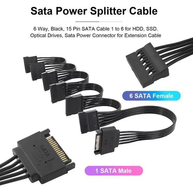 Alt view image 5 of 7 - SATA Power Splitter Cable 6 Way, 15Pin SATA Male to 5 Female Power Extension Hard Drive Cable for HDD, SDD, Optical Drives, 21.5CM