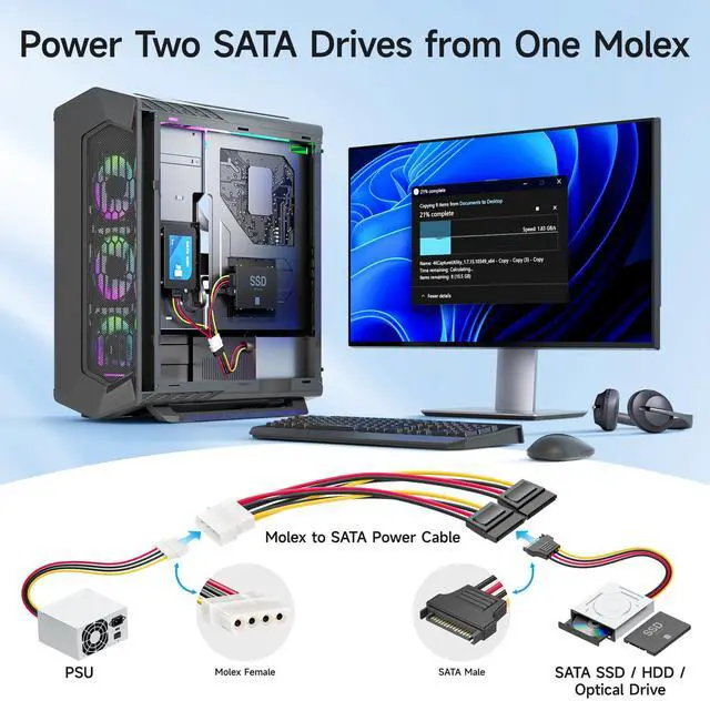 Alt view image 2 of 7 - 3-Pack 4 Pin Molex to Dual SATA Power Y-Cable Adapter- 6 Inches