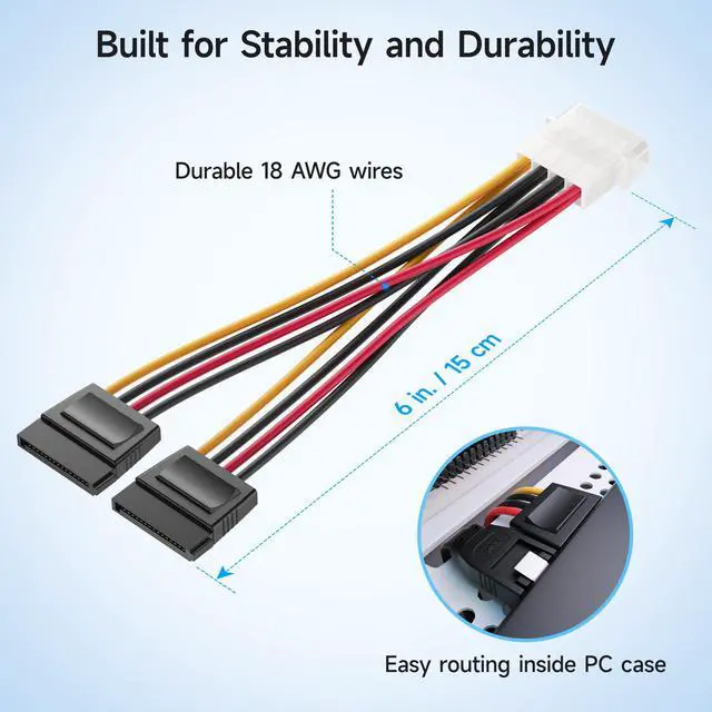 Alt view image 4 of 7 - 3-Pack 4 Pin Molex to Dual SATA Power Y-Cable Adapter- 6 Inches