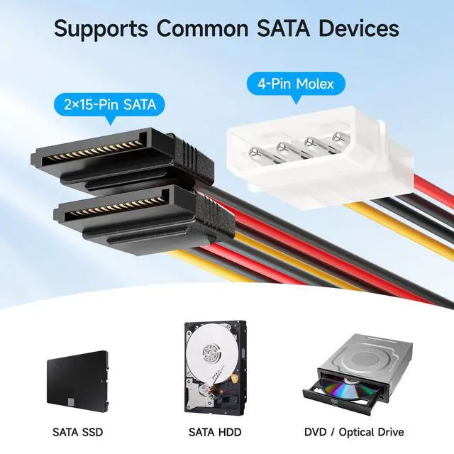 Alt view image 3 of 7 - 3-Pack 4 Pin Molex to Dual SATA Power Y-Cable Adapter- 6 Inches