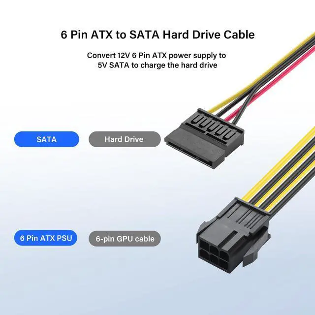 Alt view image 2 of 7 - 6 Pin ATX PSU to SATA IDE Hard Drive Power Supply Cable ATX 6-Pin Female to SATA Female Extension Cable with Step-Down Voltage Regulator (1 to 2)