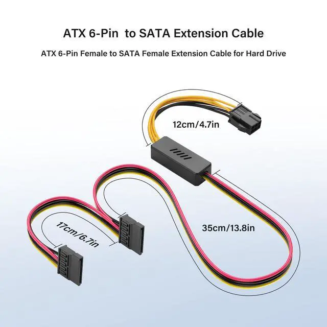 Alt view image 6 of 7 - 6 Pin ATX PSU to SATA IDE Hard Drive Power Supply Cable ATX 6-Pin Female to SATA Female Extension Cable with Step-Down Voltage Regulator (1 to 2)