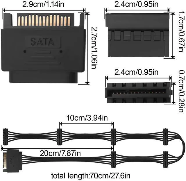 Alt view image 3 of 7 - SATA 15PIN Male to 6 SATA 15 Pin Female Power Splitter 1 to 6 Serial ATA Powered Expansion Cable for PC/NAS/Server SSD/HDD, DVD/CD-ROM - 28.3 in.