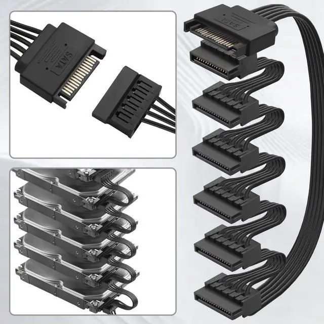 Alt view image 7 of 7 - SATA 15PIN Male to 6 SATA 15 Pin Female Power Splitter 1 to 6 Serial ATA Powered Expansion Cable for PC/NAS/Server SSD/HDD, DVD/CD-ROM - 28.3 in.