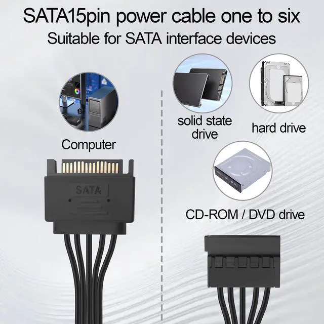 Alt view image 6 of 7 - SATA 15PIN Male to 6 SATA 15 Pin Female Power Splitter 1 to 6 Serial ATA Powered Expansion Cable for PC/NAS/Server SSD/HDD, DVD/CD-ROM - 28.3 in.