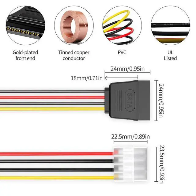 Alt view image 5 of 6 - 3-Pack 7.8 Inch 4 Pin Molex to SATA Power Cable, IDE 4Pin Male to SATA 15 Pin Female Power Adapter Cable