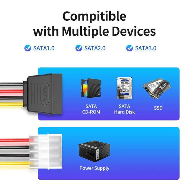 Alt view image 4 of 6 - 3-Pack 7.8 Inch 4 Pin Molex to SATA Power Cable, IDE 4Pin Male to SATA 15 Pin Female Power Adapter Cable
