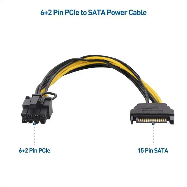 Alt view image 2 of 6 - 2-Pack SATA to 6+2 Pin Power Cable - 7 Inches, SATA to 8Pin PCIe / 6Pin PCIe Power Cable