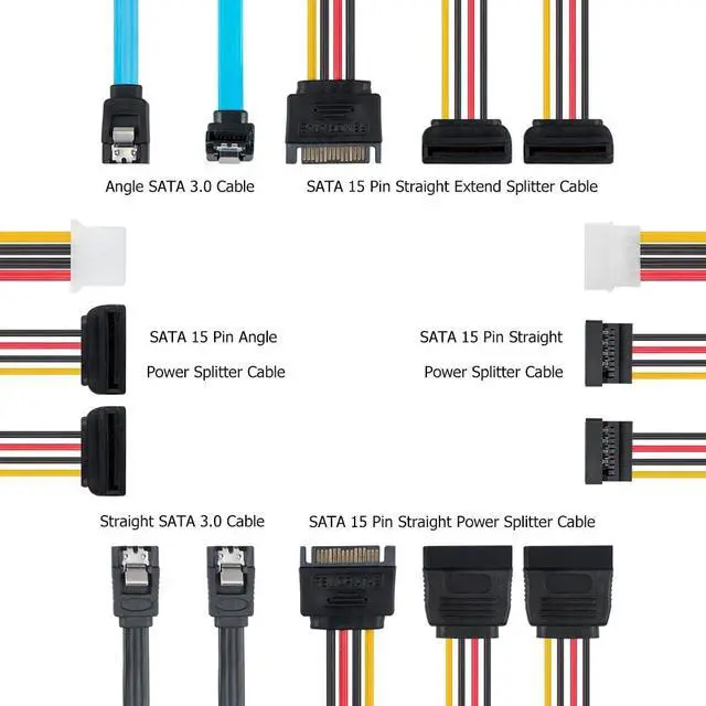 Alt view image 2 of 7 - Set of 6, SATA Power Splitter Cord and SATA III Cable 6.0 Gbps, Straight and 90 Degree SATA 3.0 Cable, SATA 15 Pin Male to 2xSATA 15 Pin Power Splitter Cable