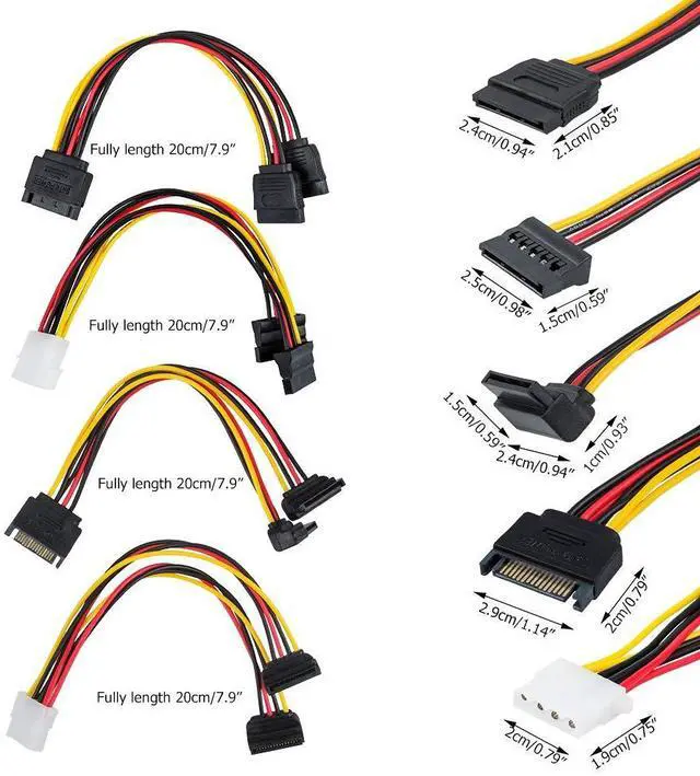 Alt view image 7 of 7 - Set of 6, SATA Power Splitter Cord and SATA III Cable 6.0 Gbps, Straight and 90 Degree SATA 3.0 Cable, SATA 15 Pin Male to 2xSATA 15 Pin Power Splitter Cable