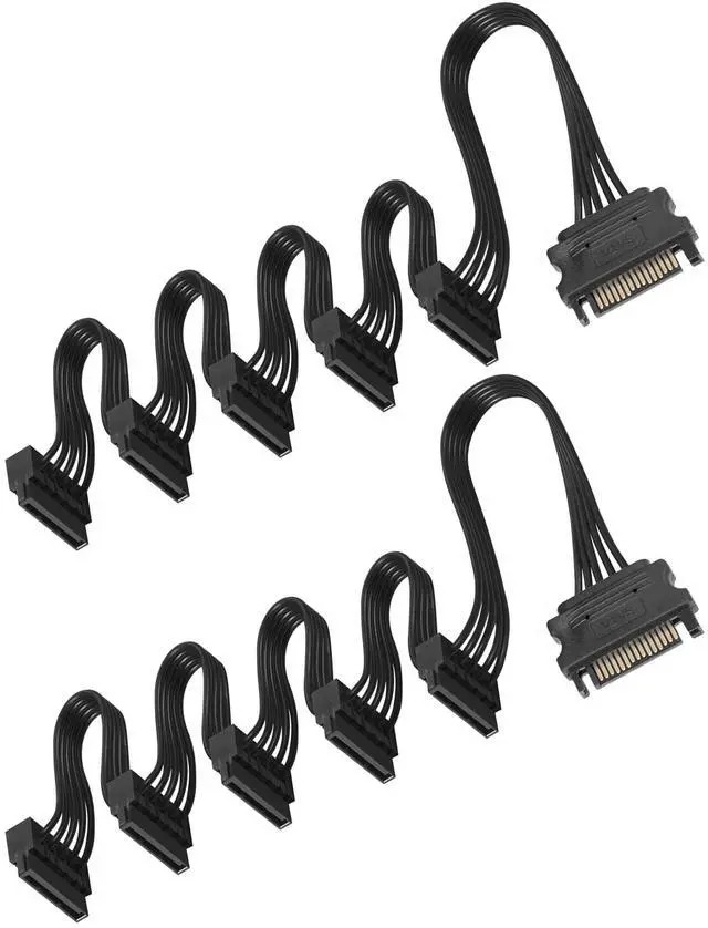 Main image of 1 to 5 SATA Power Splitter Cables 19.7 in (500 mm) - 15 Pin Male to Female Power Cable Splitter Powers up to 5 Hard Disk Drive, SSD, Optical Drives (2 Pack, Black)