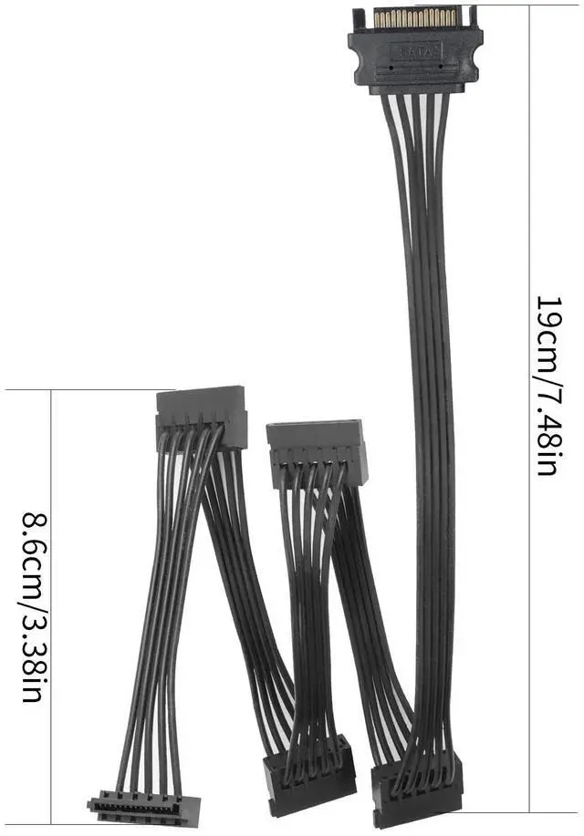 Alt view image 5 of 6 - 1 to 5 SATA Power Splitter Cables 19.7 in (500 mm) - 15 Pin Male to Female Power Cable Splitter Powers up to 5 Hard Disk Drive, SSD, Optical Drives (2 Pack, Black)