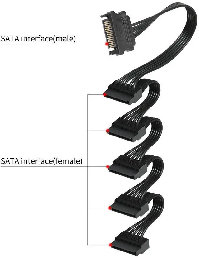 Alt view image 4 of 6 - 1 to 5 SATA Power Splitter Cables 19.7 in (500 mm) - 15 Pin Male to Female Power Cable Splitter Powers up to 5 Hard Disk Drive, SSD, Optical Drives (2 Pack, Black)
