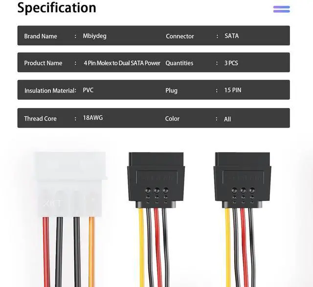 Alt view image 7 of 7 - 3 Pack 4 Pin Molex to Dual SATA Power Y-Cable Adapter, 4 Pin Male IDE Molex to 15 Pin Female Dual SATA Power Splitter Adapter, 7 Inch