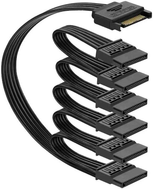 Main image of Sata Power Splitter Cable 5.5 inches, 6 Way, Black, 15 Pin SATA Cable 1 to 6 for HDD, SSD, Optical Drives, Power Connector for Extension Cable