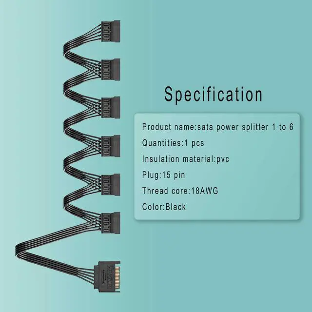 Alt view image 2 of 6 - Sata Power Splitter Cable 5.5 inches, 6 Way, Black, 15 Pin SATA Cable 1 to 6 for HDD, SSD, Optical Drives, Power Connector for Extension Cable