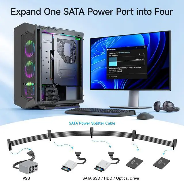 Alt view image 2 of 7 - 2-Pack 15 Pin SATA to 4 SATA Power Splitter Cable - 18 Inches