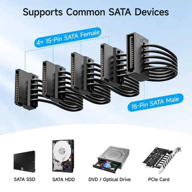 Alt view image 3 of 7 - 2-Pack 15 Pin SATA to 4 SATA Power Splitter Cable - 18 Inches
