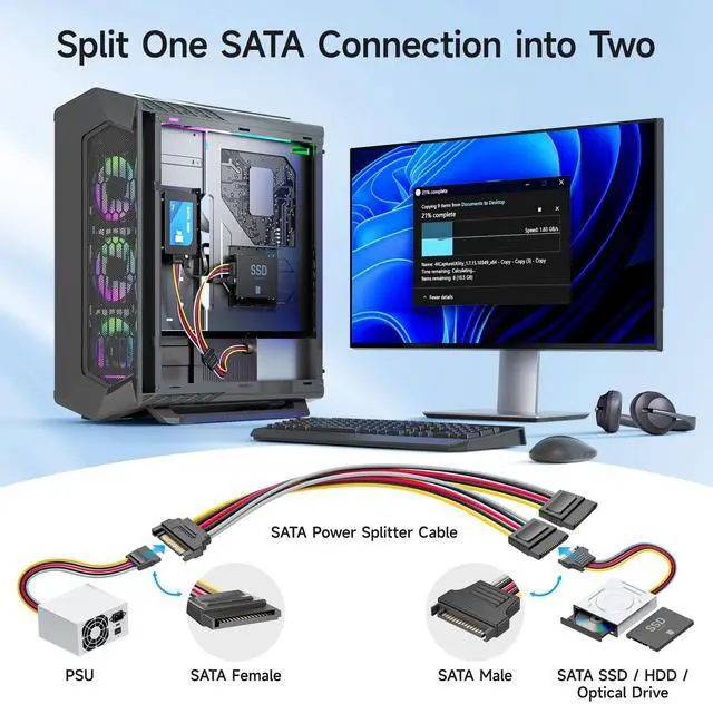 Alt view image 2 of 7 - 3-Pack 15 Pin SATA Power Splitter Cable - 8 Inches, SATA Power Y-Splitter Cable