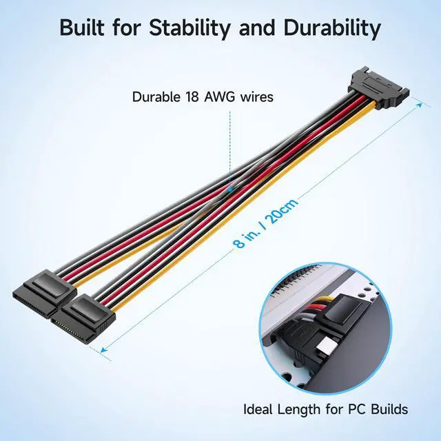 Alt view image 4 of 7 - 3-Pack 15 Pin SATA Power Splitter Cable - 8 Inches, SATA Power Y-Splitter Cable