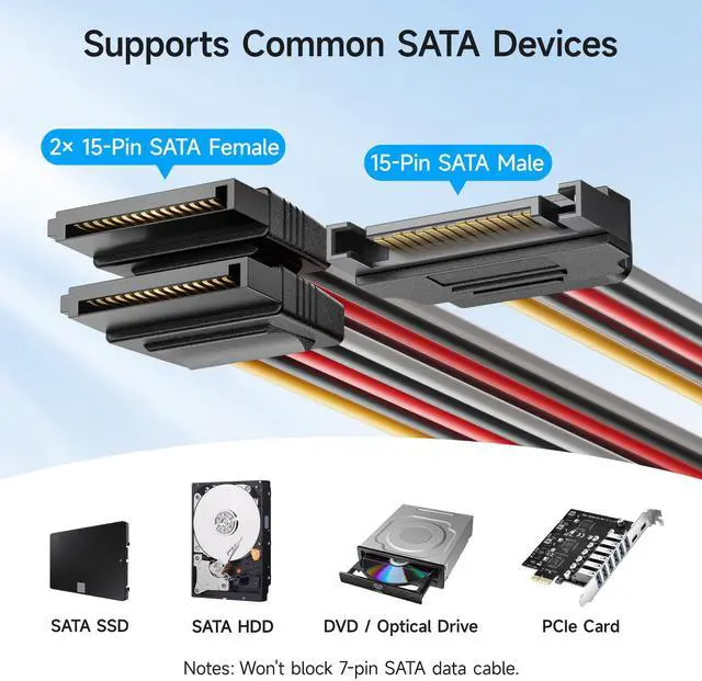 Alt view image 3 of 7 - 3-Pack 15 Pin SATA Power Splitter Cable - 8 Inches, SATA Power Y-Splitter Cable