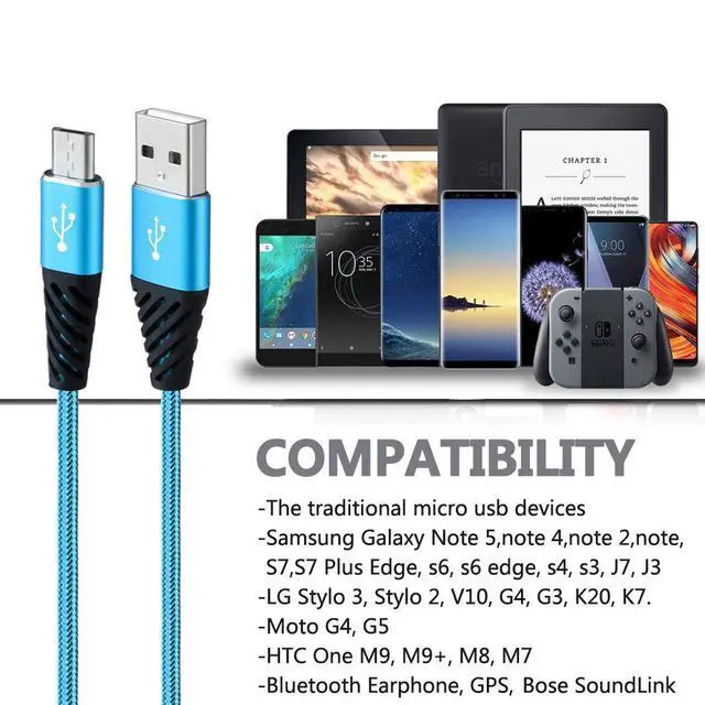 Alt view image 6 of 7 - Micro USB Cable Fast Charge,Nylon Braided Android USB Cable 6FT 5-Pack Phone Charging Cord Compatible with Samsung Galaxy S6 S7 Edge J3 J7,LG,HTC,Motorola,Sony,Xbox One,PS4