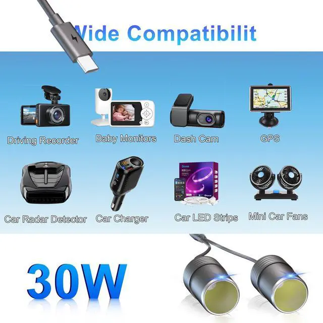 Alt view image 6 of 6 - USB C to Cigarette Lighter Adapter 36W: PD3.0 2-Socket USB C to 12V Adapter 3A Type C Male to Cigarette Lighter Female Dual Socket for Dashcam Radar Fan Recorder GPS E Dog