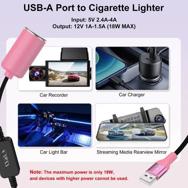 Alt view image 2 of 7 - USB A Male to 12V Car Cigarette Lighter Socket Female Converter Cable, 1 ft, 12V 18W Power Adapter, Compatible with Dash Cam, GPS, Car LED Light Strips, Pink