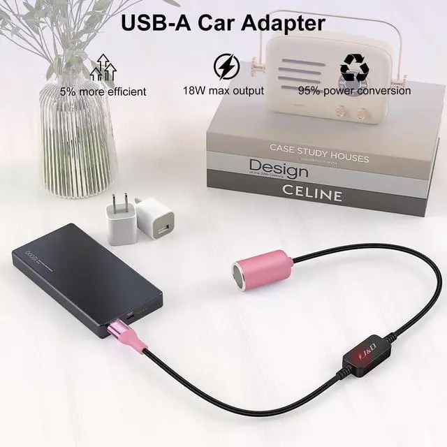 Alt view image 4 of 7 - USB A Male to 12V Car Cigarette Lighter Socket Female Converter Cable, 1 ft, 12V 18W Power Adapter, Compatible with Dash Cam, GPS, Car LED Light Strips, Pink